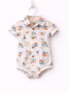 Baby Short-Sleeve Collared Romper in Beach Print
